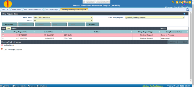 Drug request management window in Ni-kshay Aushadhi