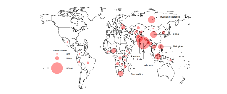 Estimated number of incident cases of MDR/RR-TB in 2021, for countries with at least 1000 incident cases