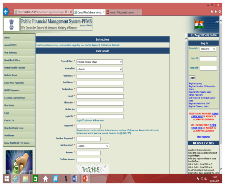 User registration for PFMS