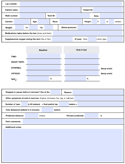 Card to record 6 minutes-walk test of the patient 